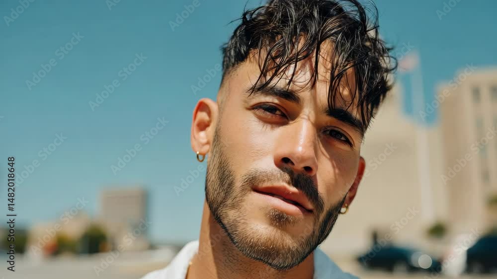 Poster man with a shaved head and a beard is standing in front of a building. he is wearing a white shirt a