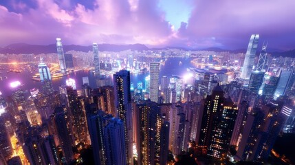 Obraz premium Vibrant Night Cityscape Panorama Purple Twilight Sky Over Dense Highrise Buildings