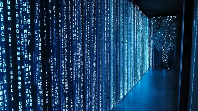 A hallway lit by rows of blue lights, resembling a cascading stream of digital data