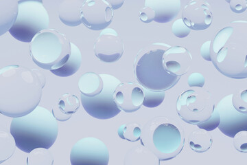 Enchanting, minimalist abstract space filled with luminous flying blue orbs. Light pastel blue and glass spheres abstract background, pattern. 3D rendering. Fantasy organic abstract background.