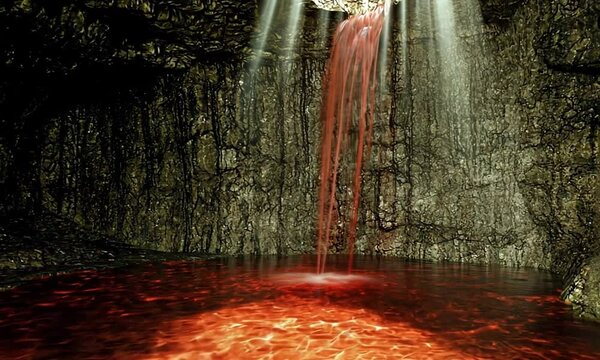A mysterious underground cavern with a waterfall pouring red liquid into a glowing pool