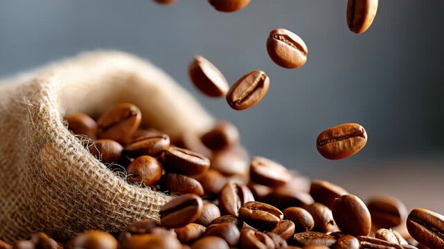 Bag of coffee beans is spilling out onto a table. The beans are scattered all over the table, and some are even flying through the air. The scene gives off a sense of chaos and disorder - Powered by Adobe