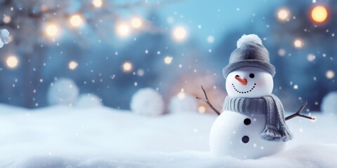 Obraz premium A snowman with a carrot nose and a scarf, standing in a snowy landscape with falling snow.