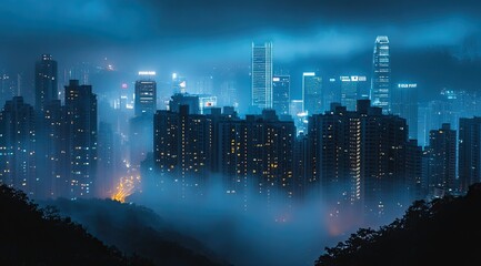 Misty cityscape at night, glowing buildings