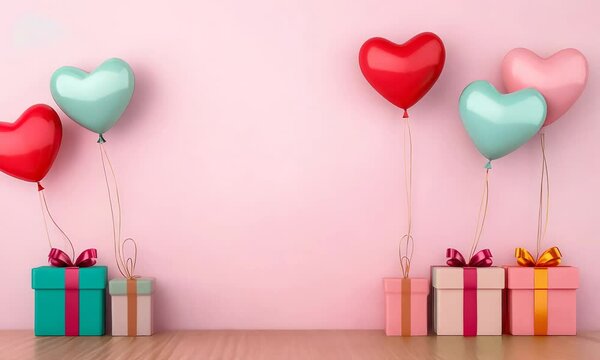 Heart-shaped balloons and wrapped gift boxes arranged festively on a wooden surface against a soft pink background.