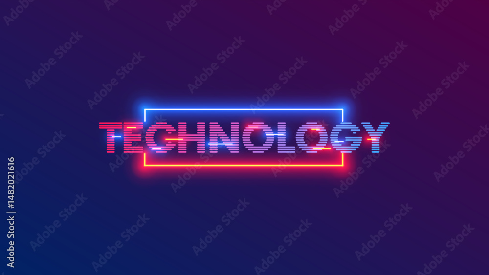 Poster The word technology in a neon frame. Background vector Illustration title Technology. Letters or text of technology. Banner or Slide of presentation Retro futurism. Tech Font consisting of stripes.