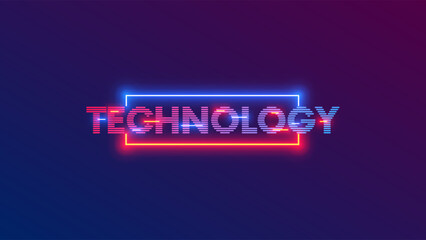 The word technology in a neon frame. Background vector Illustration title Technology. Letters or text of technology. Banner or Slide of presentation Retro futurism. Tech Font consisting of stripes.