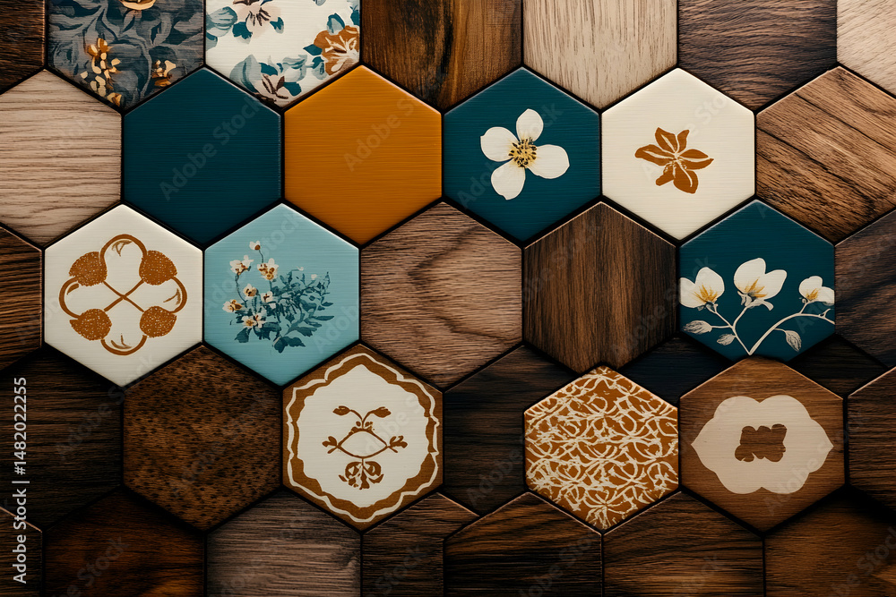 Poster hexagonal wooden tiles with floral and geometric patterns, creating a stylish and textured backgroun