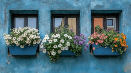 Fototapeta premium Vibrant flowers in blue window boxes adorn a textured blue wall