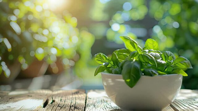 basil in a white bowl on a wooden table. Selective focus