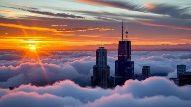 A dramatic sunrise over a city skyline with skyscrapers peeking through thick, rolling clouds above the buildings.