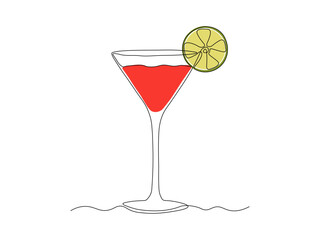 Cosmopolitan cocktail and Lime fruit.  continuous single line art drawing sketch, logo