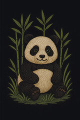 3d cute embroidered panda sitting among green bamboo stalks on a black background. Detailed textured stitching style vector pattern illustration.