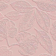 3d vector seamless embossed pattern of ornamental line art leaves and swirls with 3D relief texture on light pink background. Beautiful modern textured hand drawn emboss leafy design. Endless texture.