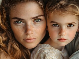 Obraz premium A close-up portrait shows a young mother and her daughter embracing each other tenderly with matching green eyes and light skin tones.