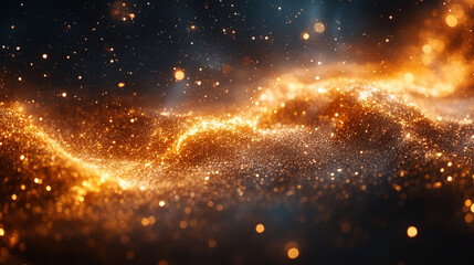 Fototapeta premium Abstract golden glowing particles, flowing, dynamic, shimmering, glitter, sparkle, dust, texture, background, motion, energy, light, wave