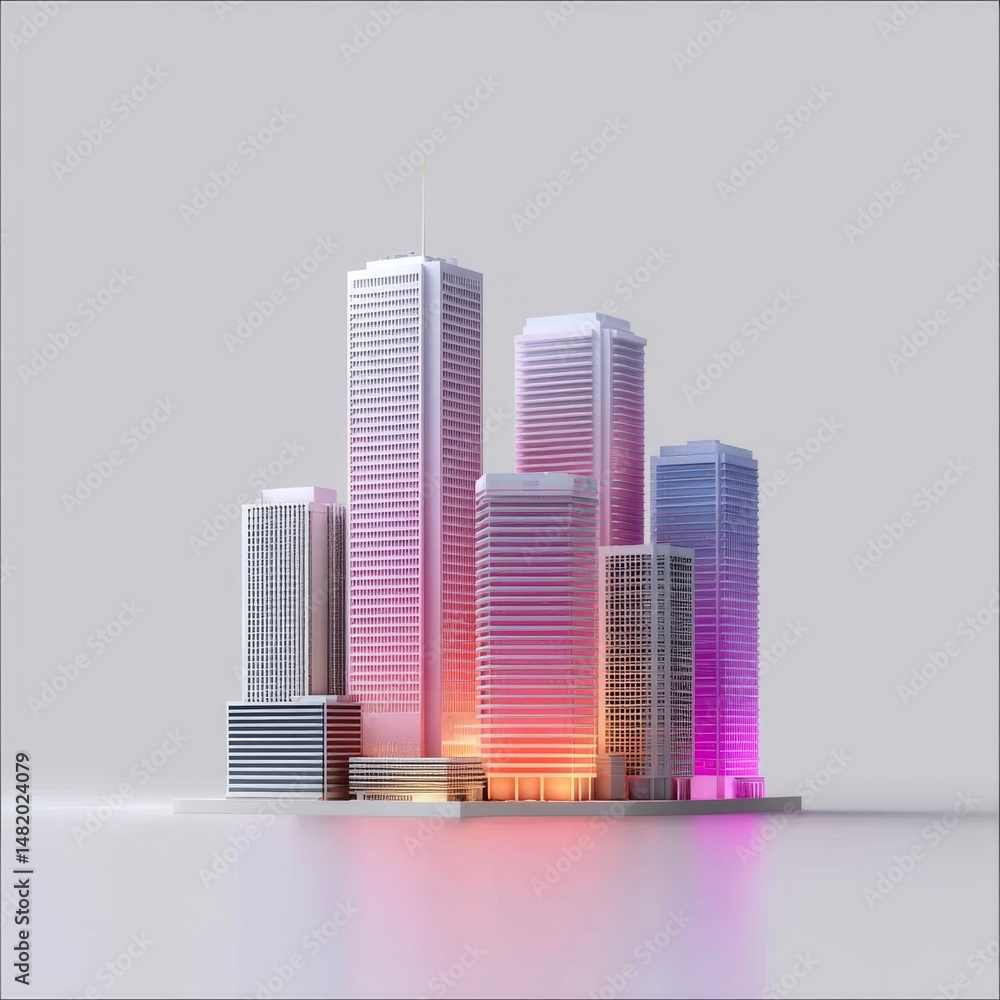 Poster abstract cityscape render: modern towers with gradient lighting and minimalist design