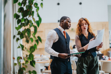 Two colleagues collaborating over business documents inside a contemporary office co working environment enriched with natural light and plants, emphasizing teamwork, and a dynamic working atmosphere.