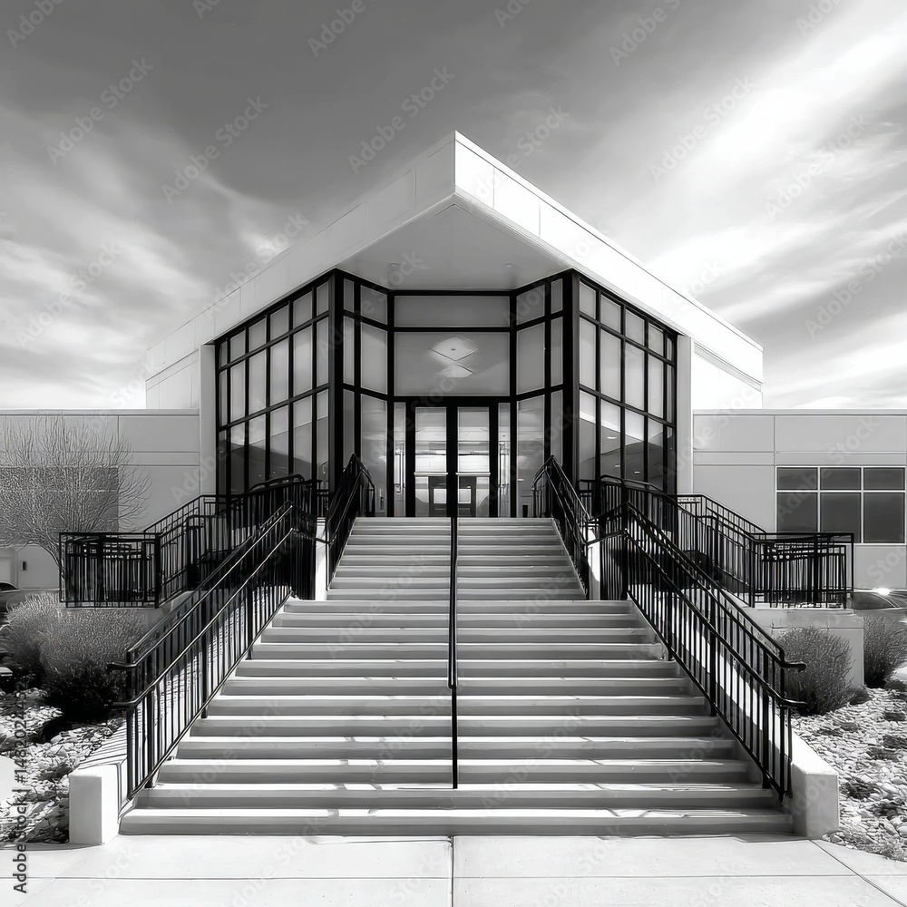 Poster architectural ascent: a modern building entrance in monochrome with geometric design and striking sy