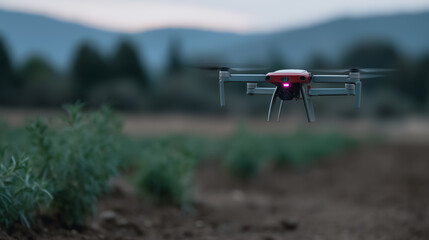 Drone Surveillance Over Agricultural Landscape: A sleek drone soars gracefully above a cultivated agricultural field, silently surveying the terrain. capturing the essence of agricultural innovation.