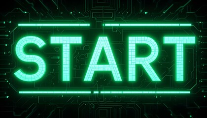 Obraz premium Start Neon Green Text Digital Technology Circuit Board Background Electronic Gaming Interface Button