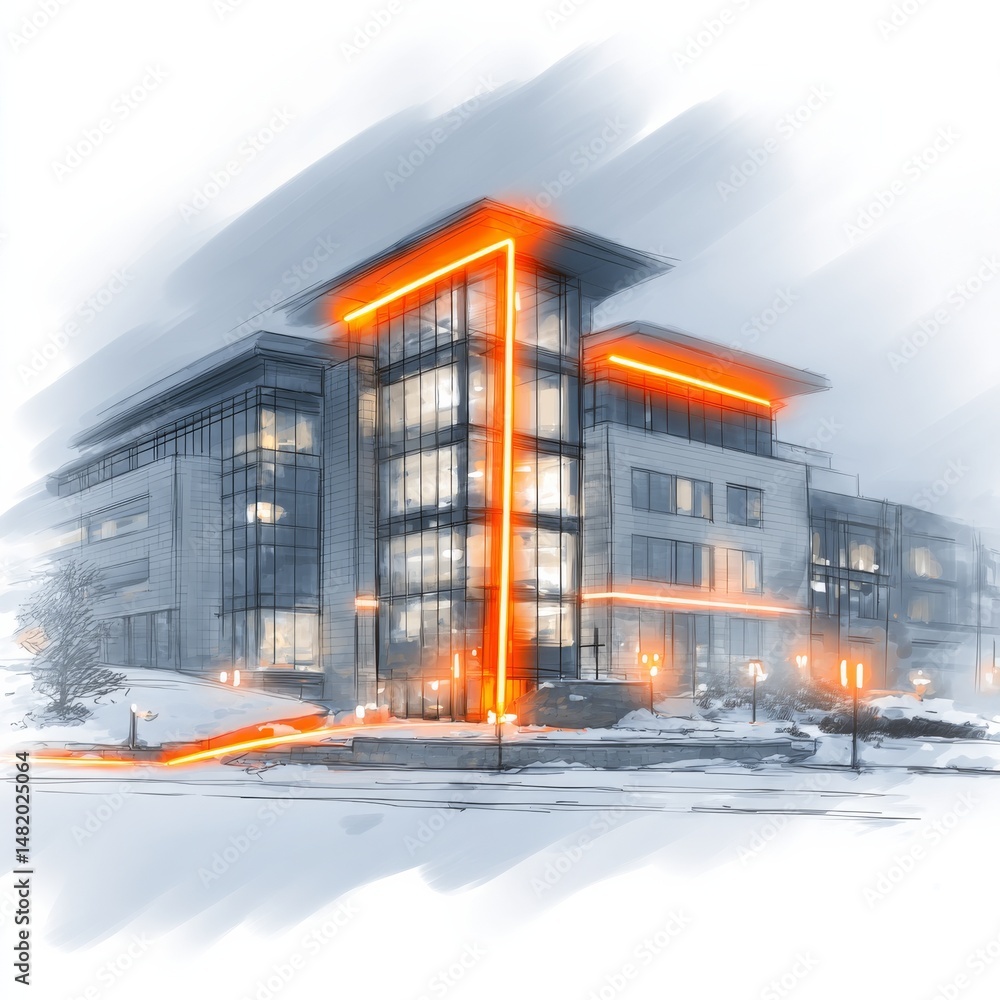 Aufkleber architectural sketch: modern building with orange accents on a winter day, creating a striking contr