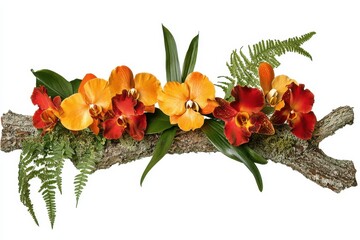 Obraz premium Exotic orchids and ferns arranged on a rustic wood branch