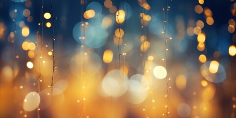 A festive, golden string of lights hanging from a tree, casting a warm glow against a dark blue background.