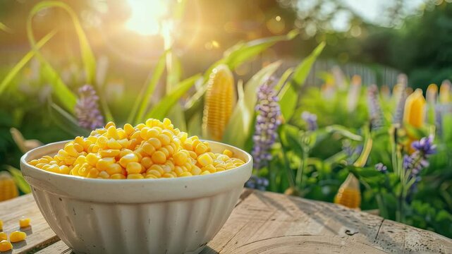 corn in a white bowl on a wooden table. Selective focus