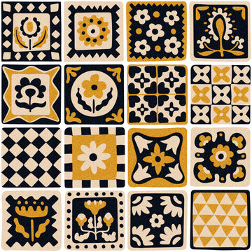 Seamless vector pattern with colorful vintage tiles featuring folk art flowers, shapes, and geometric motifs. Vector illustration.