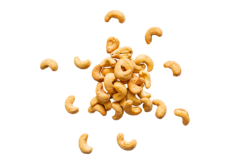 Pile roasted organic cashew isolated on a transparent background without shadow, top view, png