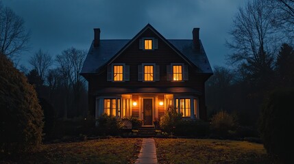 A house at night, illuminated by warm lights.  