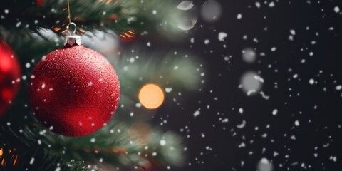A red Christmas ornament hanging from a tree with snow falling around it.