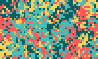 Vibrant abstract pixel art background.  A dynamic mosaic of teal, coral, and gold squares creates a modern, energetic visual.