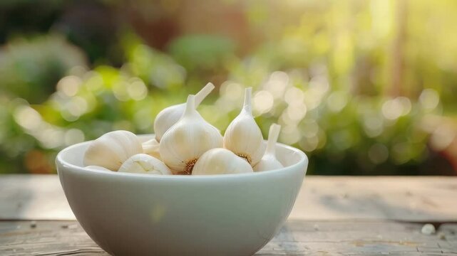 garlic in a white bowl on a wooden table. Selective focus