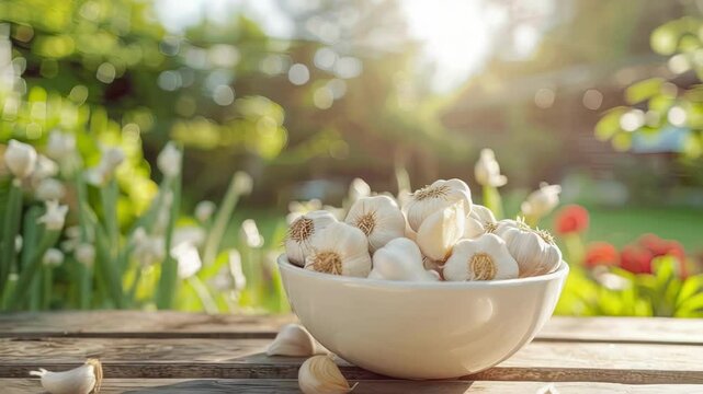 garlic in a white bowl on a wooden table. Selective focus