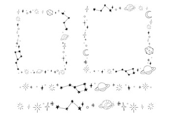 Celestial doodle border, falling star blink divider. Hand drawn ornament with stars, planets, meteorite and moon. Space magic simple decor. © Alyona