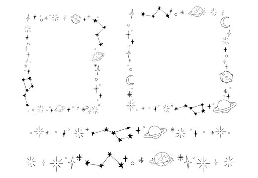 Celestial doodle border, falling star blink divider. Hand drawn ornament with stars, planets, meteorite and moon. Space magic simple decor.