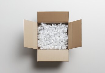 Open cardboard box filled with packing peanuts