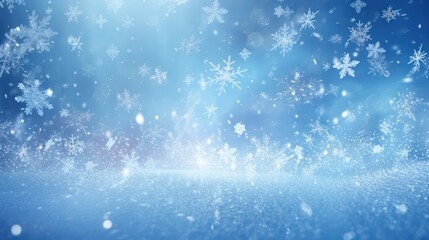 Obraz premium A serene winter landscape with snowflakes falling against a blue sky.