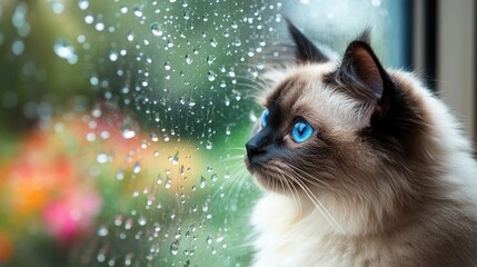 Ragdoll Cat Gazing Through Rain Streaked Window at Colorful Garden