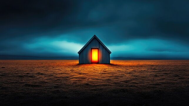 A solitary house in a barren landscape, with a glowing window breaking the silence of the night.