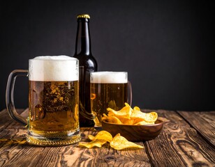 Two frothy beer mugs, bottle, and bowl of chips on rustic wooden table with dark, relaxed backdrop.