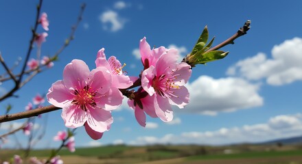 Blooming Pink Flowers on Branch Against Blue Sky in Spring