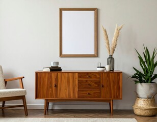 Stylish composition of artist workspace room with design retro teak commode, mock up poster frame, book, decoration and elegant accessories. Template.