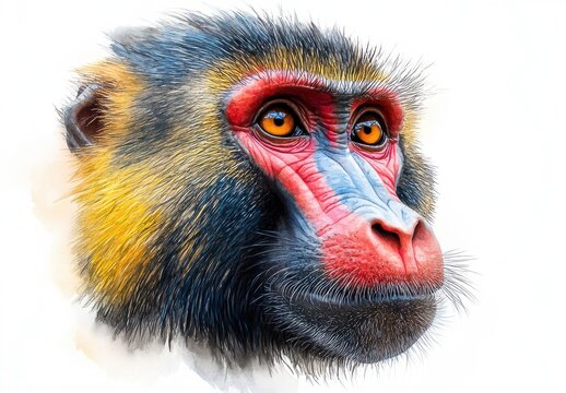 Vibrant Mandrill Monkey Portrait Close up Digital Painting
