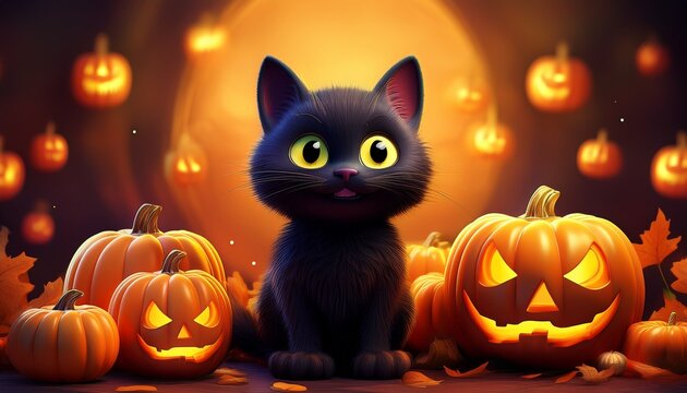 Schwarze Katze mit Halloween-K&uuml;rbissen