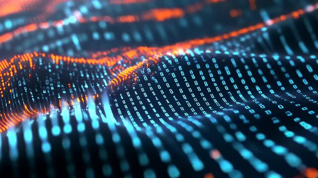 An abstract digital wave of binary code, glowing in blue and orange