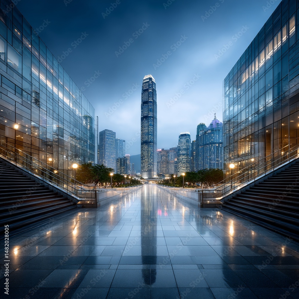 Poster hong kong skyline at dusk: reflections on modern architecture, with a staircase leading to the illum