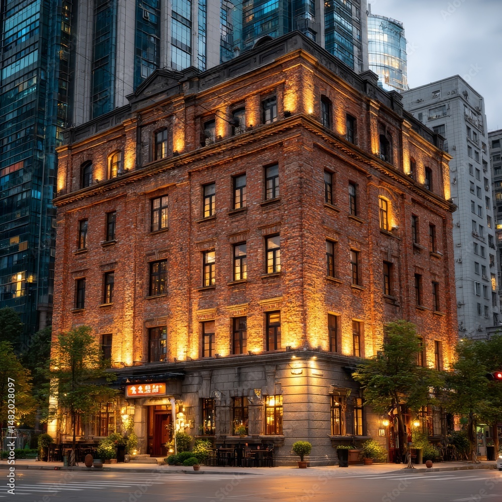Aufkleber illuminated brick building contrasting with modern skyscrapers at dusk in an urban setting
